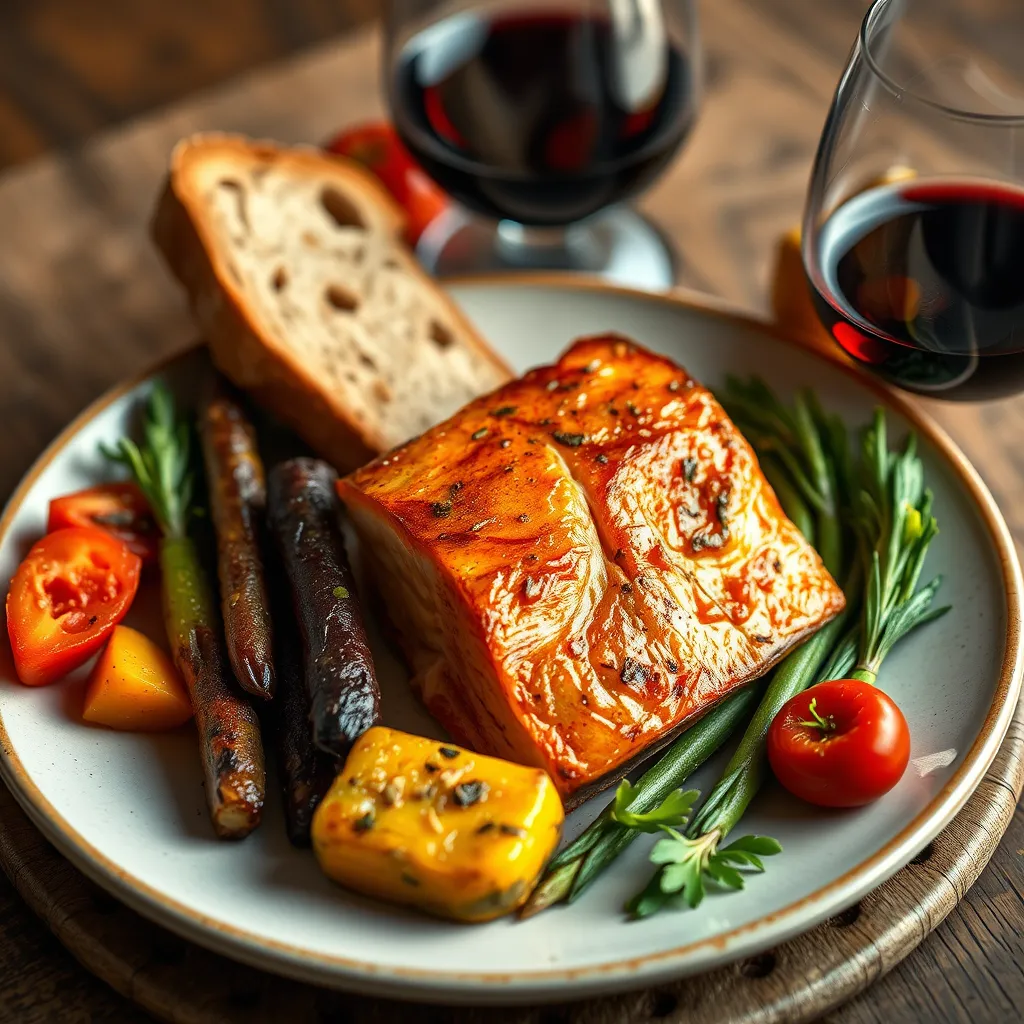 A close-up shot of a plate with a perfectly arranged selection of gourmet food, such as grilled salmon, roasted vegetables, and artisan bread, paired with a glass of red wine, showcasing the interplay of flavors and textures.