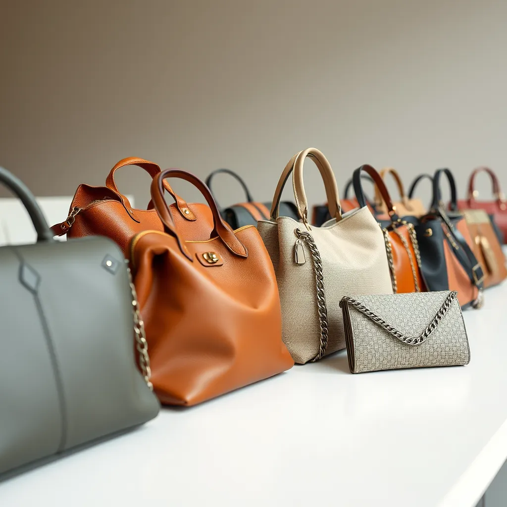 A close-up shot of a variety of purses arranged on a table. The purses should showcase different colors, materials, and designs, including leather totes, canvas backpacks, and chain-link clutches. The background should be a clean and minimalist setting.