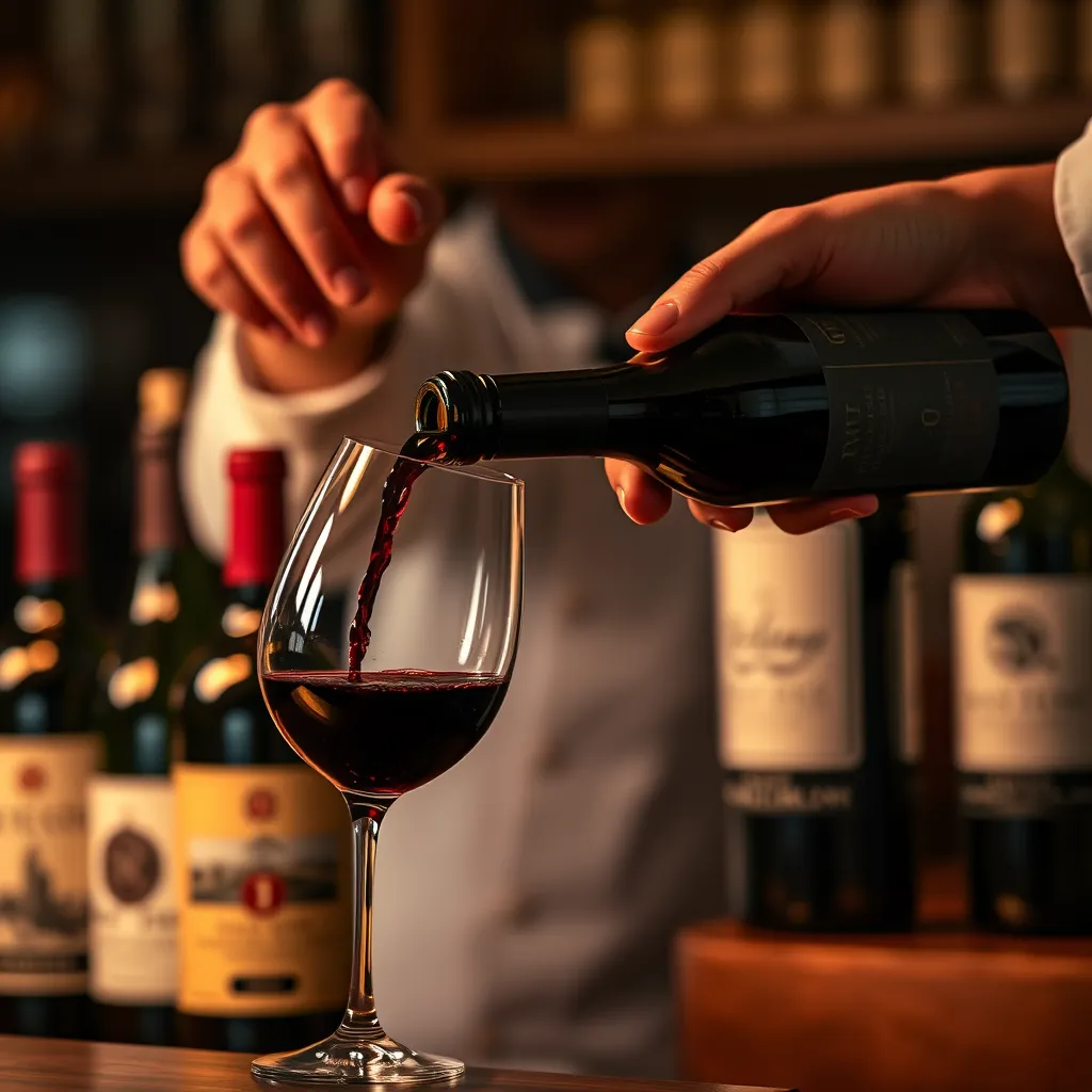A close-up shot of a wine sommelier expertly pouring a glass of red wine from a bottle, with several other bottles of wine in the background, showcasing a variety of labels and regions. The scene should be lit with warm, inviting lighting and convey a sense of sophistication and expertise.