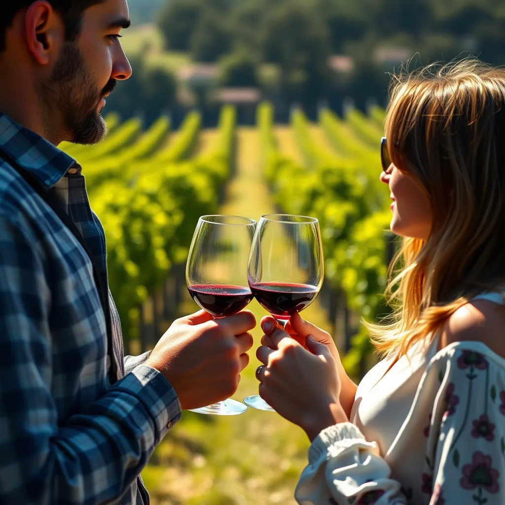 A close-up shot of two people engaged in conversation, holding wine glasses in their hands, while standing in a vineyard with rows of grapevines in the background. The image should convey a sense of connection, passion, and enjoyment of wine.