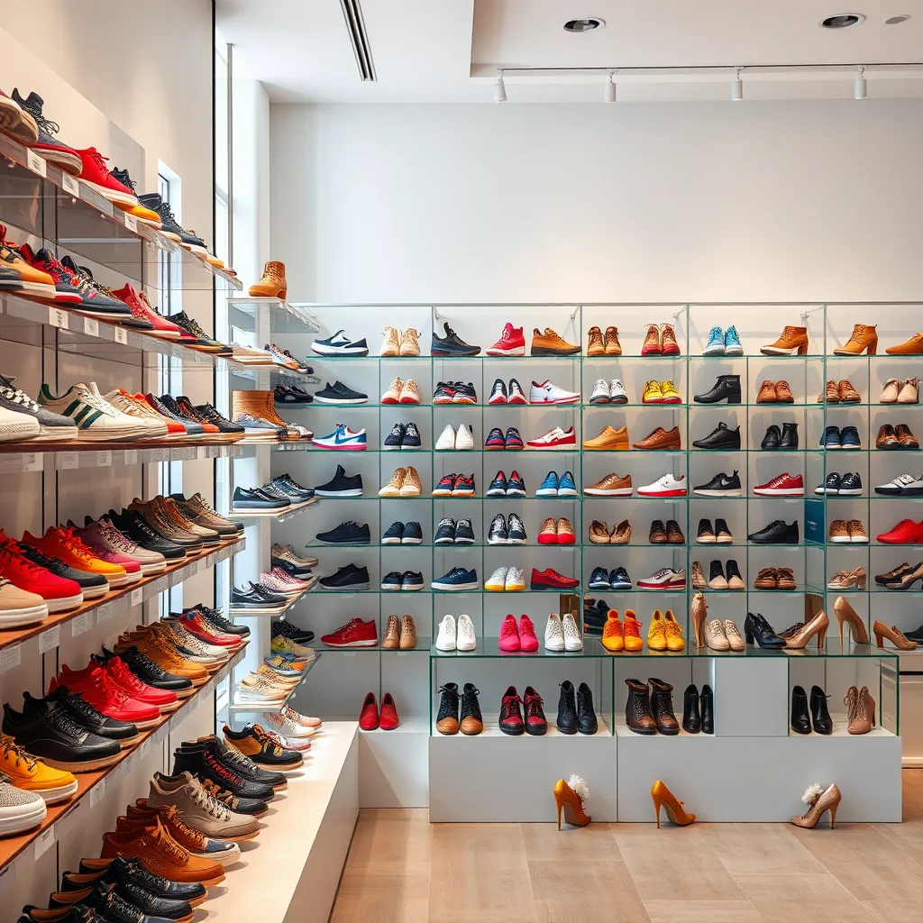 A colorful display of shoes arranged on shelves and mannequins. The shoes should include various styles like sneakers, sandals, boots, and heels. The background should be a modern and inviting retail space with natural light.