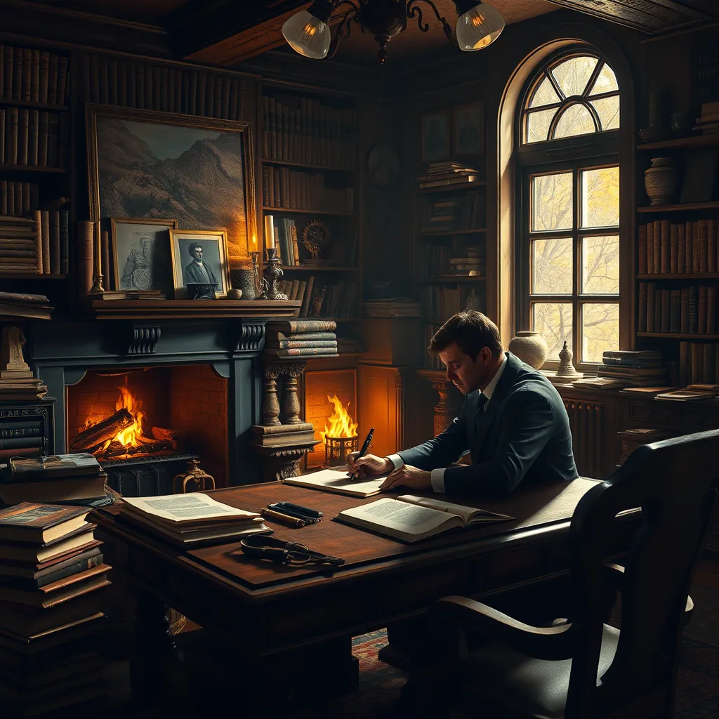 A cozy, well-lit study with a desk piled with books and manuscripts, a warm fireplace, and a figure seated at the desk, holding a pen and looking thoughtfully at a page. The scene exudes a sense of concentration and creative energy.