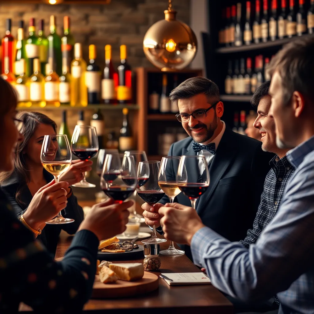 A dynamic image of guests participating in a wine tasting session, holding glasses of wine and engaging with a knowledgeable sommelier.  The scene should capture the excitement and interaction of the event, with a backdrop of colorful wine bottles, cheese platters, and other gourmet delicacies.