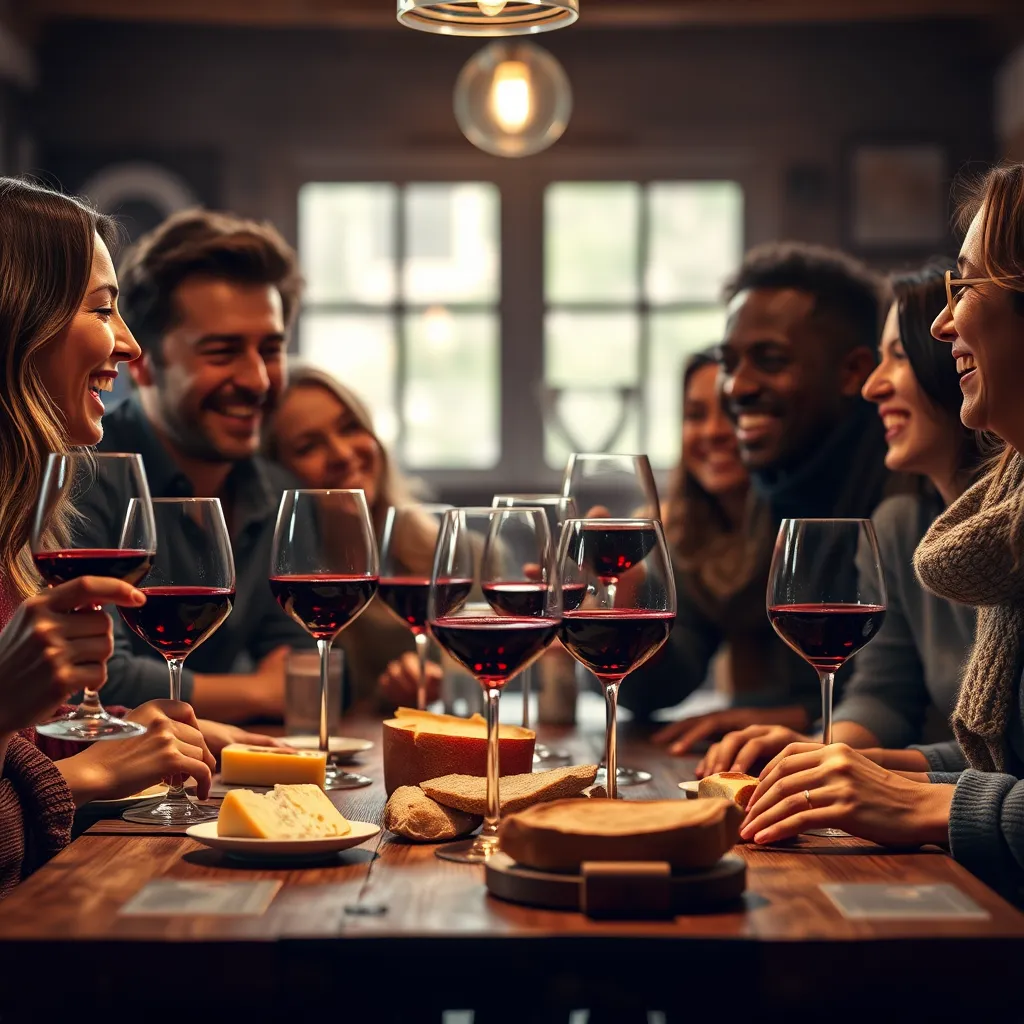 A group of friends laughing and smiling, gathered around a table with glasses of red wine, cheese, and bread, in a warm, inviting setting. The image should have a rustic, elegant feel with a focus on the joy of sharing wine with friends.