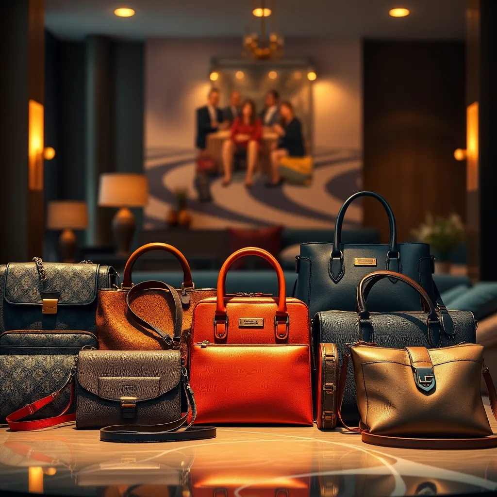 A high-quality, photorealistic image of a beautifully arranged table with a variety of purses and handbags. The lighting is warm and inviting, highlighting the different textures, colors, and styles of the purses. The background could feature a soft, blurred image of a stylish interior.