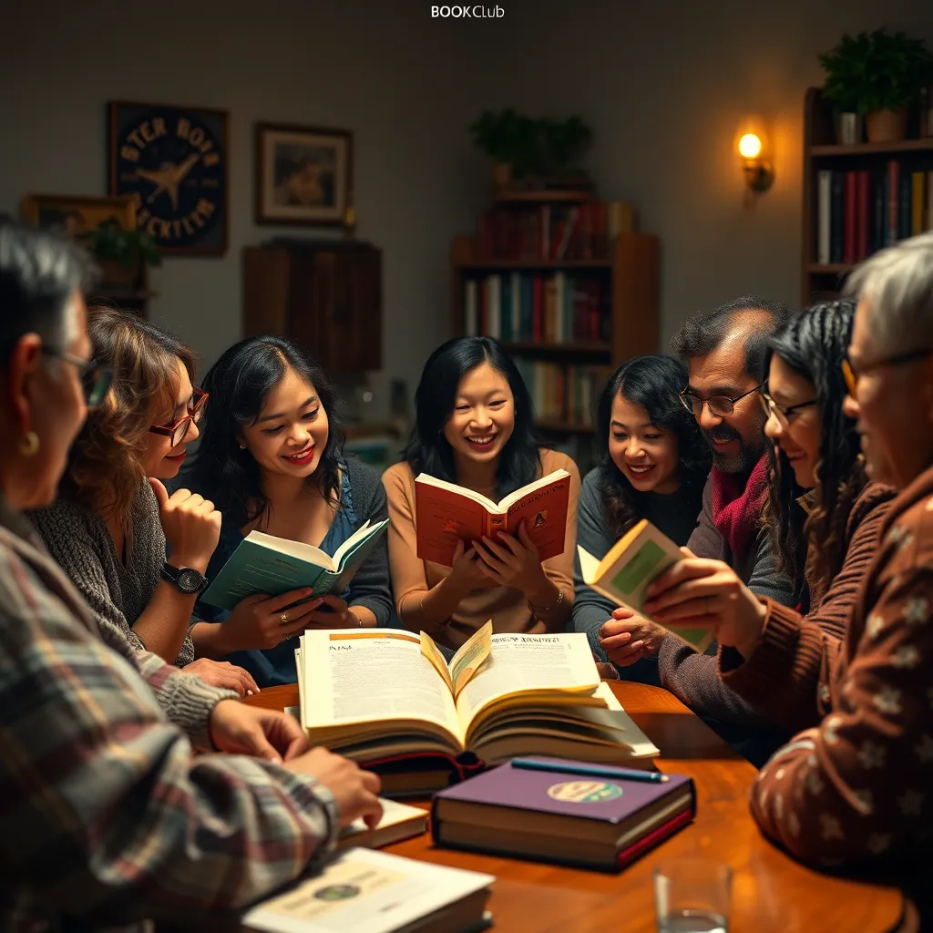 A lively book club meeting with diverse participants, engaged in a passionate discussion about a book. The scene captures a sense of community, intellectual curiosity, and the joy of shared experiences.
