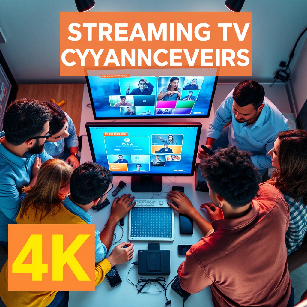 A photographic or stylized image illustrating the mission of 'Streaming TV Channel Creators'. The scene shows a diverse team collaborating over a digital workspace, engaged in discussions with design interfaces on screens. Bright, motivational colors dominate the image, with an emphasis on teamwork. The lighting is soft and focused, highlighting the faces of the team members. Various design elements and tech devices clutter the workspace, symbolizing creativity. The camera angle is slightly overhead, capturing a view of the group in action. Technical specs: 4K resolution, high quality.