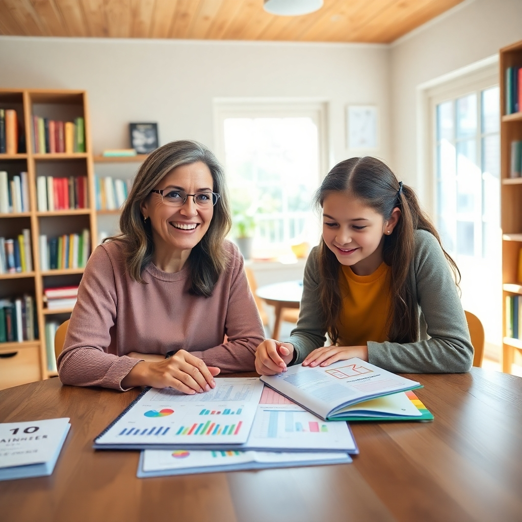 A photorealistic, 8K resolution image depicting a warm, inviting study. Soft diffused lighting illuminates a table where a confident Ms. Coon, mid-40s, with kind eyes and a warm smile, sits across from a bright, engaged 10-year-old girl.  They're both leaning over a meticulously organized planner filled with colorful charts and graphs, representing academic goals and enrichment activities. Ms. Coon gestures encouragingly.  The room is filled with bookshelves overflowing with age-appropriate literature and educational resources. Natural wood textures, soft pastel colors (blues, greens, and yellows) create a calm, productive mood. The camera angle is slightly elevated, capturing a friendly and intimate interaction.  The overall style is reminiscent of the work of Annie Leibovitz, emphasizing authentic emotion and subtle storytelling. High detail and focus on the planner and the expressive faces. Textures include smooth wood, soft fabrics, and the slightly rough texture of paper. The background includes a large window letting in natural sunlight, emphasizing hope and possibility.