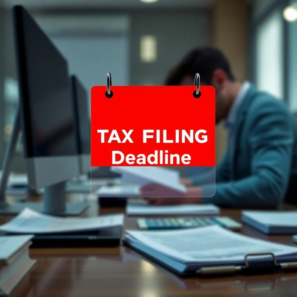 A photorealistic image depicting a digital calendar prominently displaying the tax filing deadline, highlighted with a bright color.  In the background, a blurred image of a professional working diligently on a computer, with documents and paperwork neatly organized, creating a sense of controlled efficiency and urgency in meeting the deadline. The image should be clean, clear and convey a sense of calm effectiveness.