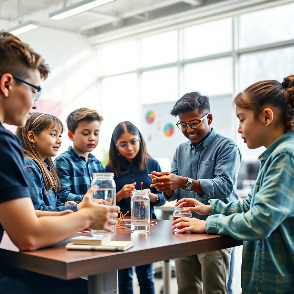 A photorealistic image depicting a group of gifted students engaged in a collaborative problem-solving activity, such as a brainstorming session or a hands-on science experiment. The image should emphasize teamwork, creativity, and the use of advanced problem-solving strategies. The setting could be a bright, modern classroom or a collaborative workspace.