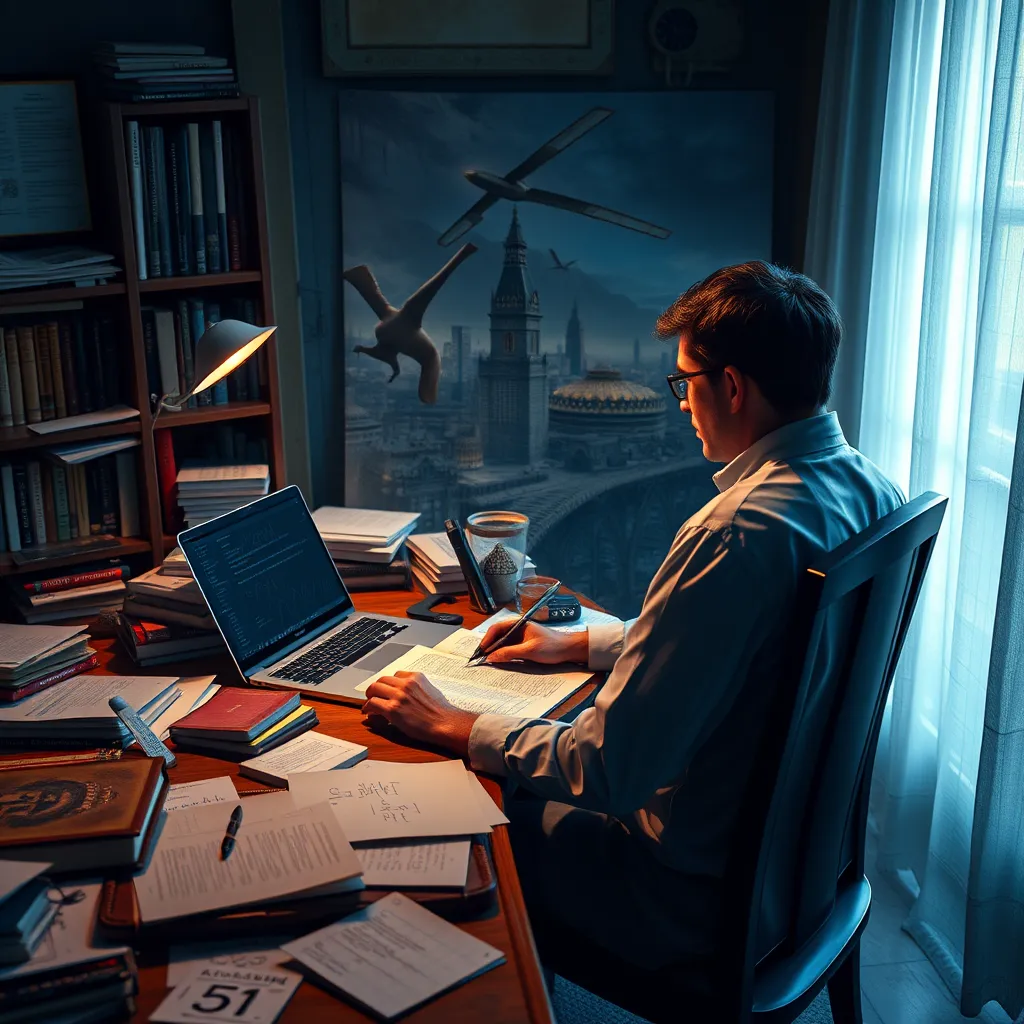 A photorealistic image of [Author Name] sitting at a desk with a laptop open, surrounded by books, papers, and notes. The image should depict them engrossed in writing, with a scene from their story imagined in the background, seamlessly integrated into the real-world setting.