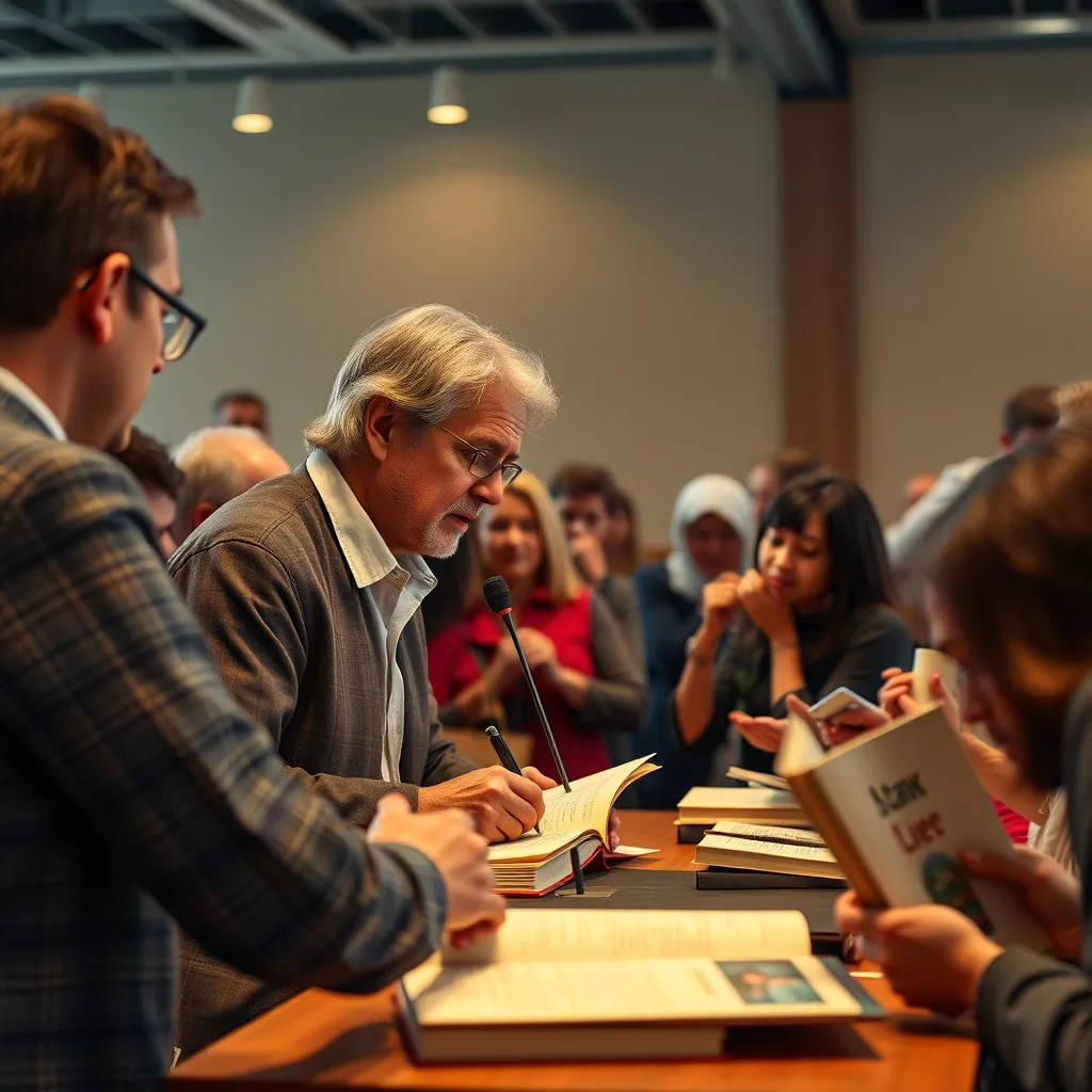 A photorealistic image of [Author Name] speaking at a book signing event. The image should show them interacting with readers, signing books, and engaging in conversations, emphasizing the warmth and connection between the author and their audience.