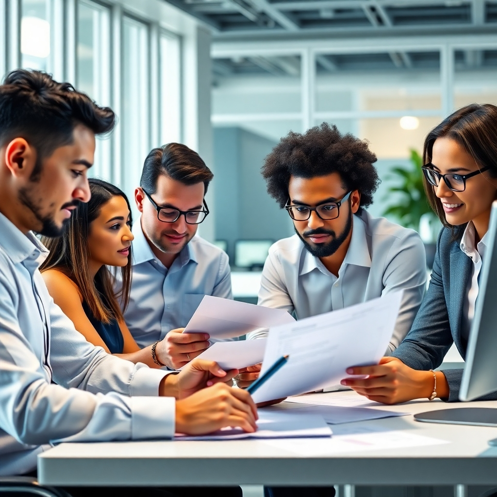 A photorealistic image of a diverse team of highly skilled accountants working collaboratively in a modern, well-lit office. They are using advanced software and meticulously reviewing financial documents. The overall atmosphere is one of professionalism, competence, and teamwork.  Focus on sharp details and expressions of concentration and expertise. The color scheme should be calming and professional; a soft light blue and white palette would work well.  The image should evoke trust and reliability.
