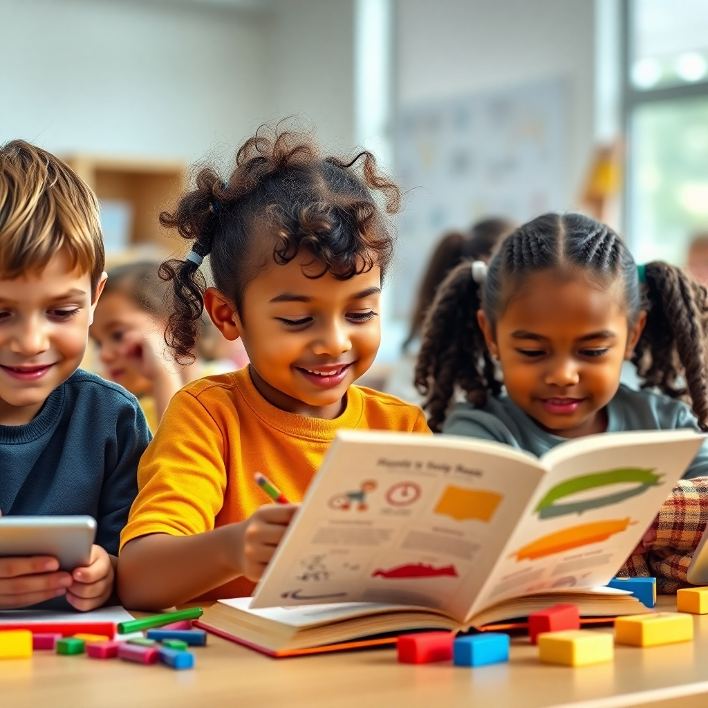 A photorealistic image of a diverse group of children, each engrossed in different activities – one coding, one painting, one reading a complex book, one building with blocks, all in a bright, modern classroom setting.  The focus should be on the children's focused engagement and unique approaches to learning. The lighting should be natural and soft, highlighting the individual expressions of concentration and satisfaction.