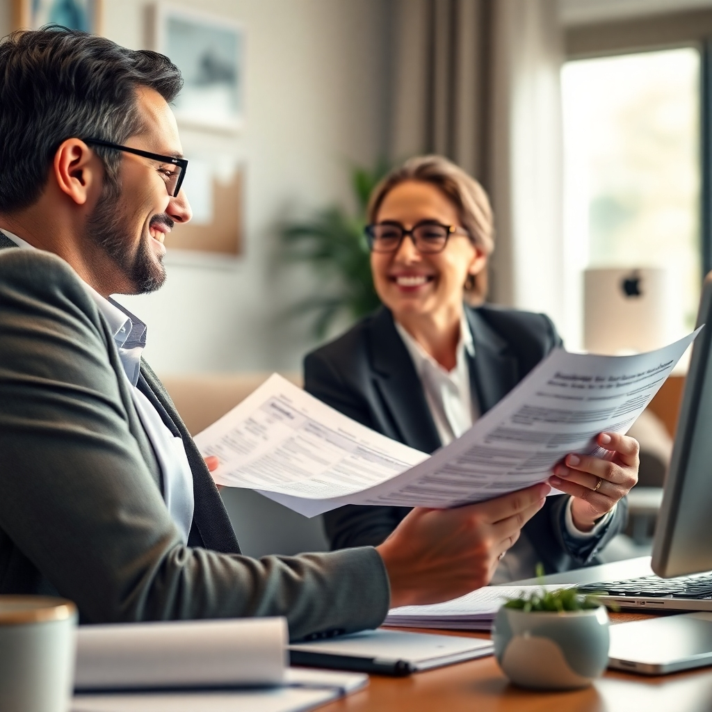 A photorealistic image of a friendly accountant explaining tax forms to a client. The image should focus on the client's happy and relieved expression upon learning about significant tax savings. The background should suggest a comfortable and professional setting. The visual style should be bright and reassuring.