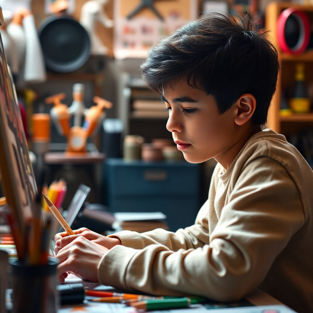 A photorealistic image of a gifted student engrossed in a creative project, such as painting, coding, or designing. The student's face should radiate passion and concentration. The setting should be visually rich and stimulating, filled with art supplies, technological gadgets, or other relevant materials. The overall mood should be inspiring, creative, and energetic.