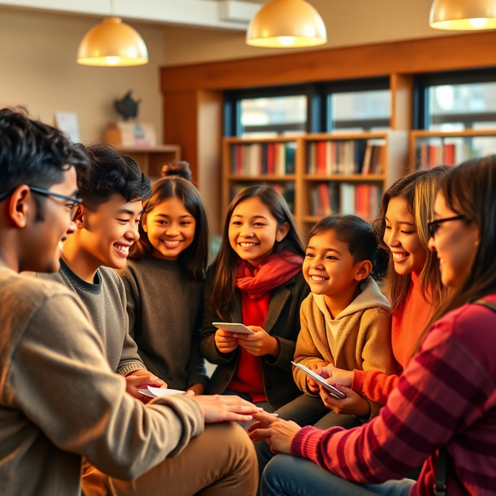 A photorealistic image of a group of gifted students and their parents participating in a lively discussion and project showcase. The scene should be set in a warm, inviting setting, possibly a school library or community center.  Smiles, collaborative work, and a sense of mutual support and belonging should be clearly visible. The lighting should be warm and inviting, emphasizing the positive and inclusive nature of the gathering.