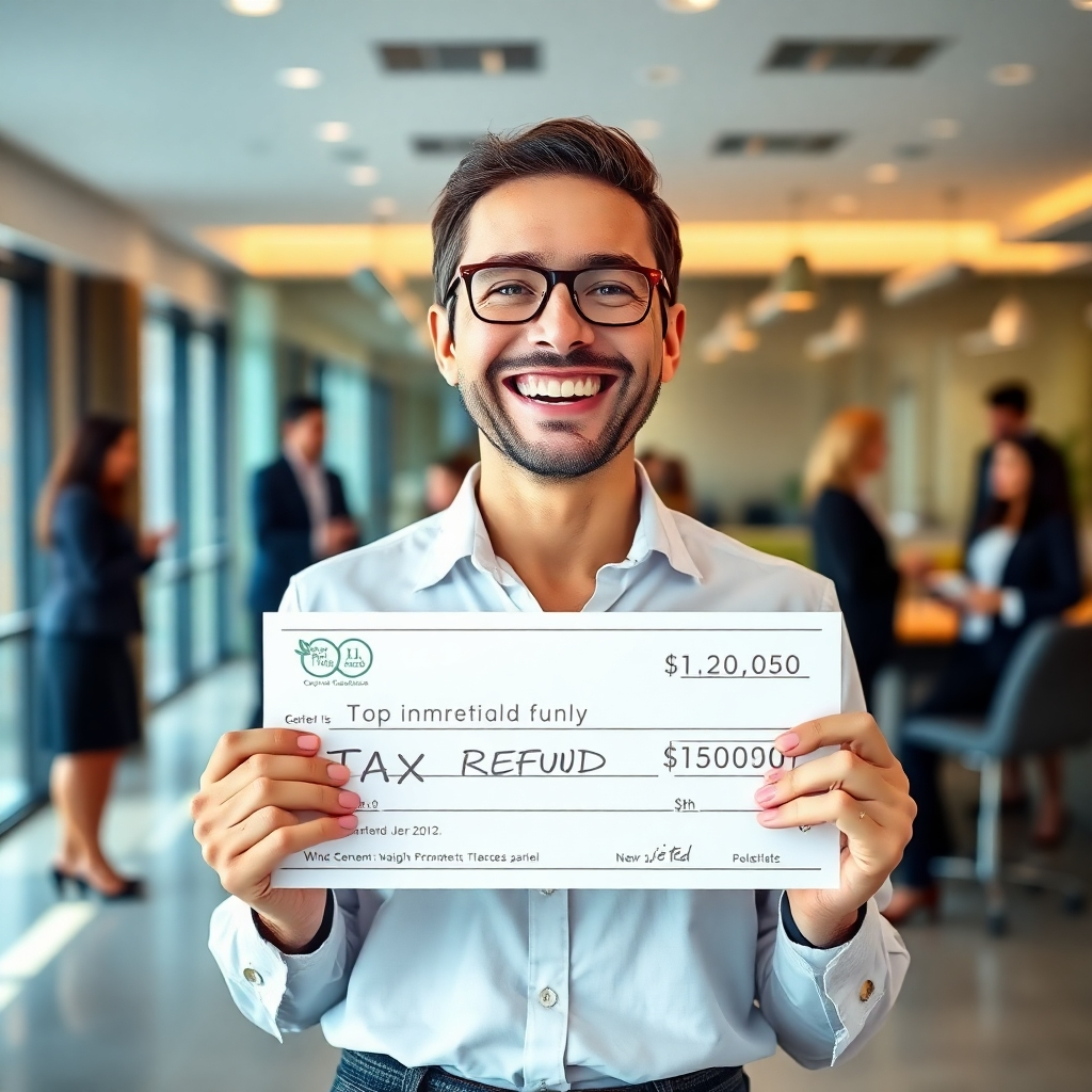 A photorealistic image of a happy client smiling broadly while holding a large tax refund check.  In the background, a modern office with a team of professionals celebrating a successful tax season.  The colors should be bright and cheerful, reflecting a sense of relief and accomplishment.