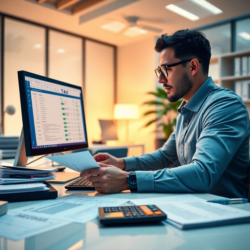 A photorealistic image of a professional accountant using tax software on a computer, surrounded by neatly organized tax documents and a calculator. The background should be a modern, well-lit office. The overall mood should be one of precision and accuracy.