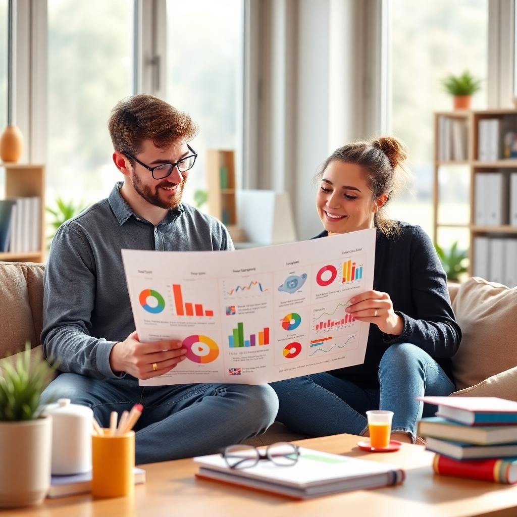A photorealistic image of a student and a coach collaborating on a brightly colored, personalized learning plan, filled with charts, graphs, and inspiring visuals. The setting should be a modern, comfortable study space filled with natural light. The student looks engaged and excited about their plan. The mood should be positive and optimistic.