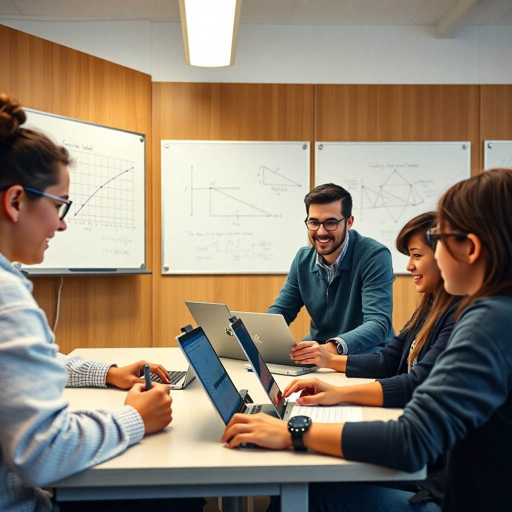 A photorealistic image of a teacher and a small group of students engaged in a collaborative project.  The students are using laptops and whiteboards, displaying complex diagrams and equations. The room should feel like a dynamic and stimulating learning environment. The expressions on the faces of the students should convey intellectual curiosity, collaboration, and a sense of accomplishment.