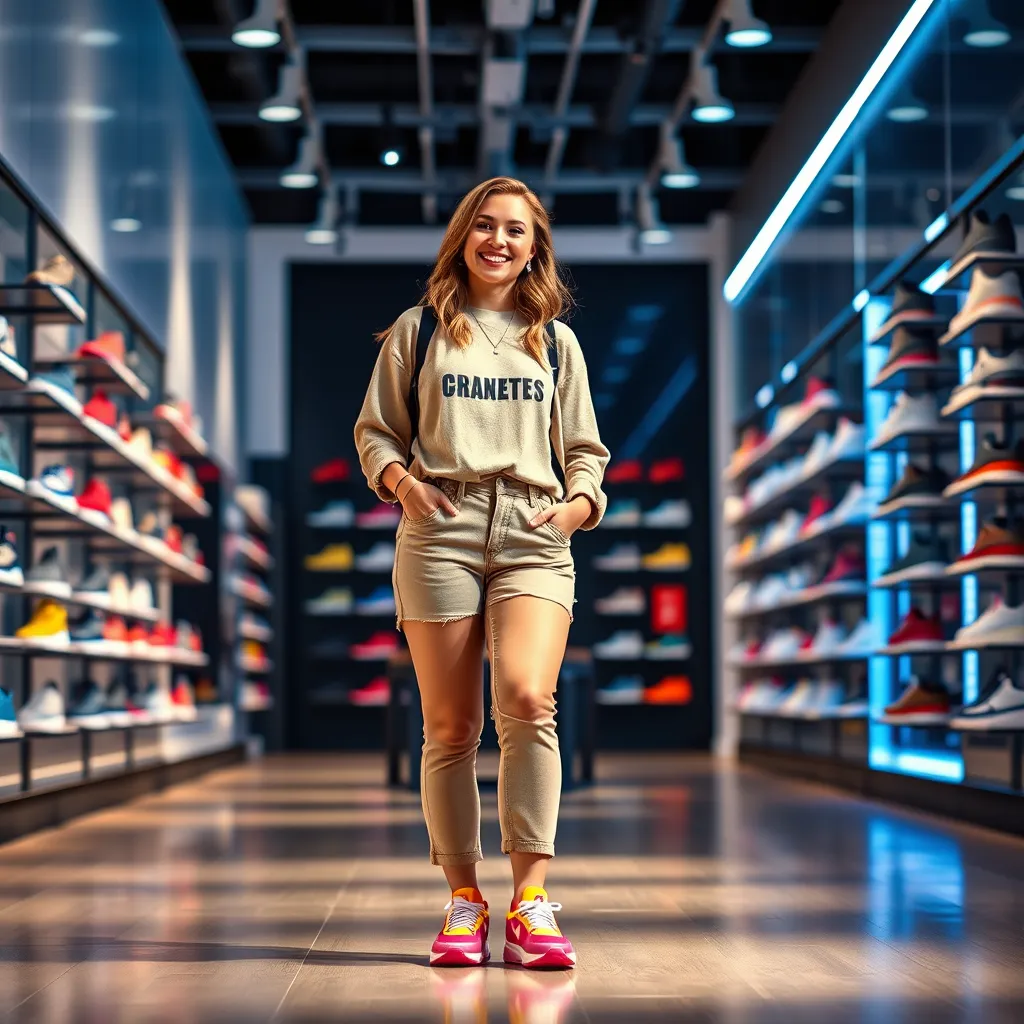 A photorealistic image of a woman standing in a well-lit, modern retail space. She is smiling and wearing a stylish outfit, accessorized with a pair of vibrant, eye-catching sneakers. The background features a variety of shoe displays, showcasing the diverse styles available.