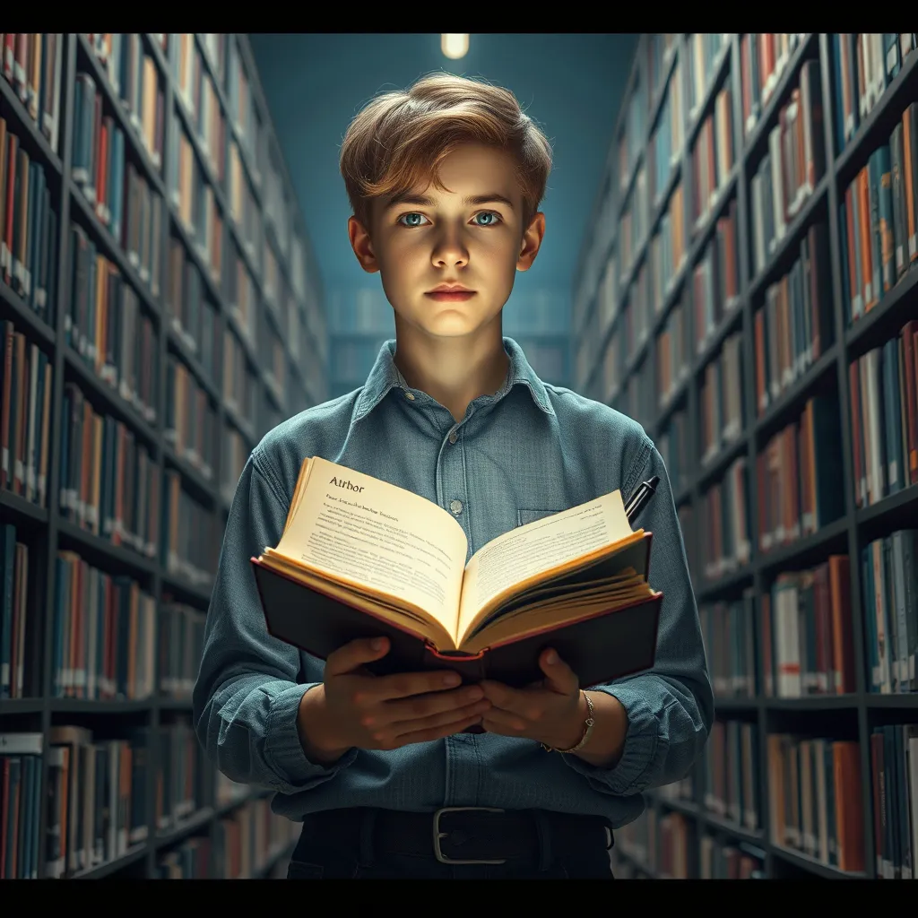 A photorealistic image of a young [Author Name] holding a worn notebook and pen, standing in a library surrounded by towering bookshelves, with a soft glow emanating from the open pages of the notebook. The image should convey a sense of inspiration and dedication to writing.