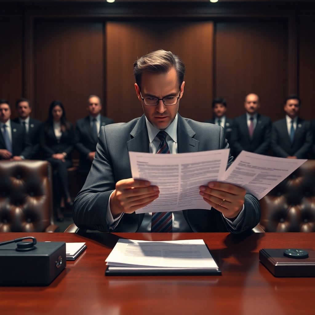 A photorealistic image, rendered in 8K resolution, depicting a confident tax attorney presenting compelling financial documents during a tax audit. The setting is a well-lit, formal conference room with a large mahogany table. The lighting is dramatic, with focused light highlighting the attorney and documents, creating a sense of urgency and importance. The color palette is muted, with deep browns and serious blues, reflecting the gravity of the situation. The camera angle is slightly below the attorney, emphasizing their authority. The textures are sharply defined – the smooth leather of the chairs, the crisp paper of the documents, the fine grain of the wooden table.  Specific tax documents are clearly visible, with details meticulously rendered. The attorney’s posture and expression reflect professionalism and determination.  The background includes several individuals in suits, subtly blurred, to represent the IRS auditors. The style should reference courtroom drama photography with a focus on realism and tension.  The image emphasizes the importance of precise attention to detail and skilled representation.