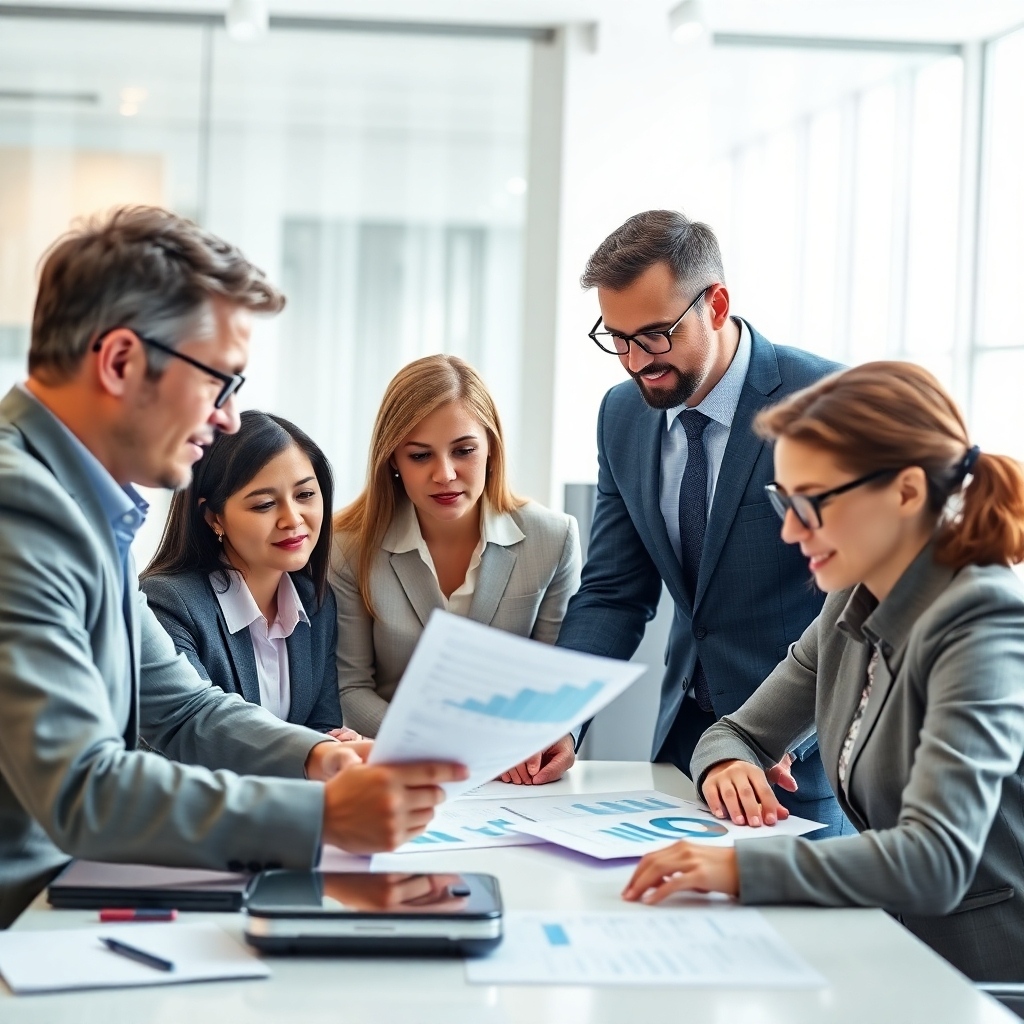 A photorealistic image showing a team of professional accountants collaborating around a table, analyzing financial documents and charts. The background should be a bright, modern office. The expressions on their faces should show confidence and collaboration. The image should project professionalism and expertise.