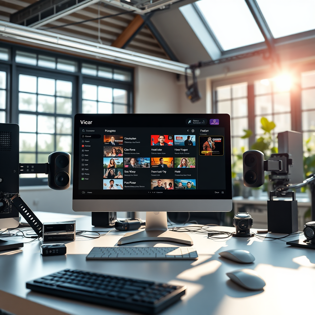 A scene illustrating the final publishing process, showcasing a computer screen with channel listings ready to go live. The workspace is modern and equipped with tech devices. Natural light shines through the windows, illuminating the screen. The color palette is bright and forward-thinking. The camera angle provides a clear view of the publishing process, reflecting anticipation. Technical specs: high quality, photorealistic.