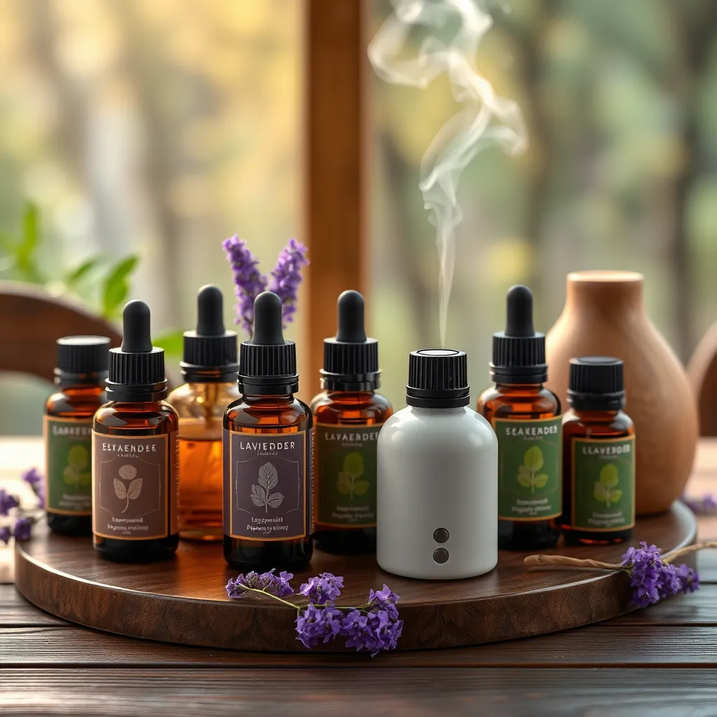 A still life image of a variety of essential oil bottles and diffusers on a wooden table. The bottles should have labels with different names and scents like lavender, peppermint, and eucalyptus. The background should be a serene and natural setting with soft lighting.