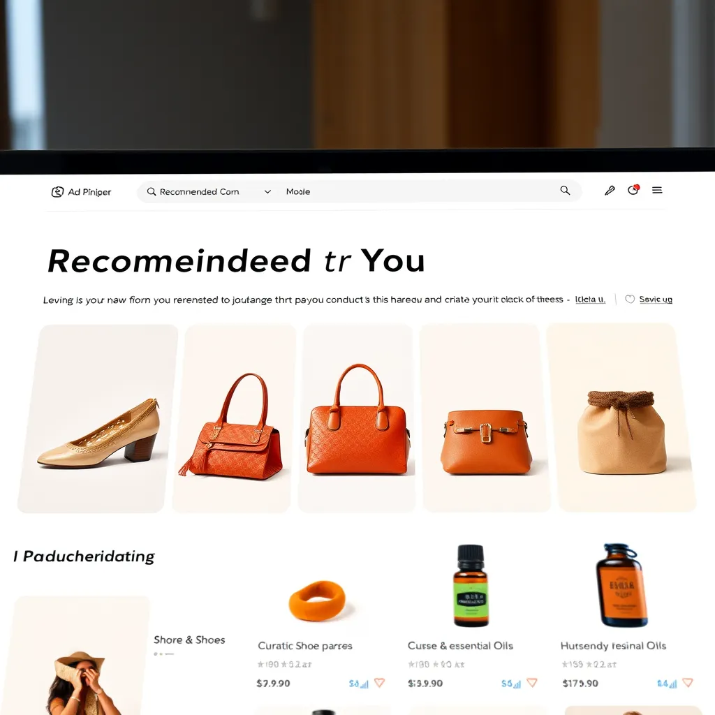 A user-friendly interface showcasing personalized product recommendations on a website. Include a section with a heading like "Recommended for You" and display a carousel featuring curated shoes, purses, and essential oils based on user preferences. The image should depict a user-friendly and visually engaging interface.