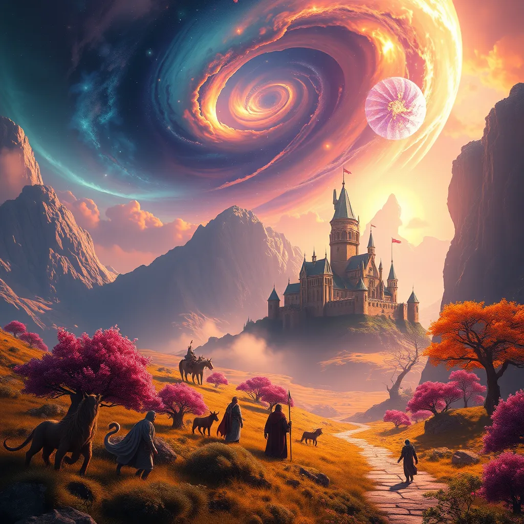 A vibrant, fantastical landscape with a swirling nebula above, a castle nestled in the distance, and figures of different races and creatures interacting, all bathed in soft, warm light. The scene evokes a sense of wonder and adventure.