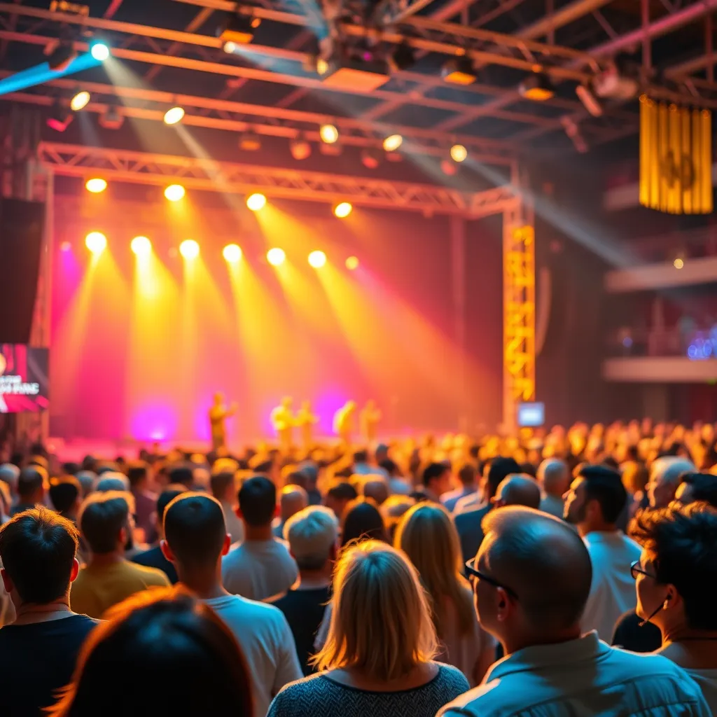 A vibrant, photorealistic image of a bustling event with a stage and audience. The stage is illuminated by warm spotlights, creating a dynamic atmosphere. The audience is diverse, with people of all ages and backgrounds, enjoying the event. The image should capture the energy and excitement of a live event. The background should be blurred to emphasize the stage and audience. The overall color palette should be bright and energetic, with accents of gold and silver. The image should be rendered in 8K resolution, with hyperrealistic detail, and in the style of a professional event photographer.