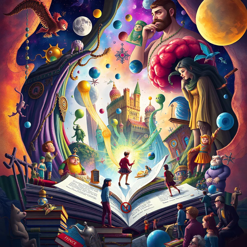 A vibrant and dynamic illustration depicting the author's imagination coming to life, with a blend of abstract and realistic elements representing their literary themes, characters, and settings. The image should be visually engaging and convey the author's unique creative vision.