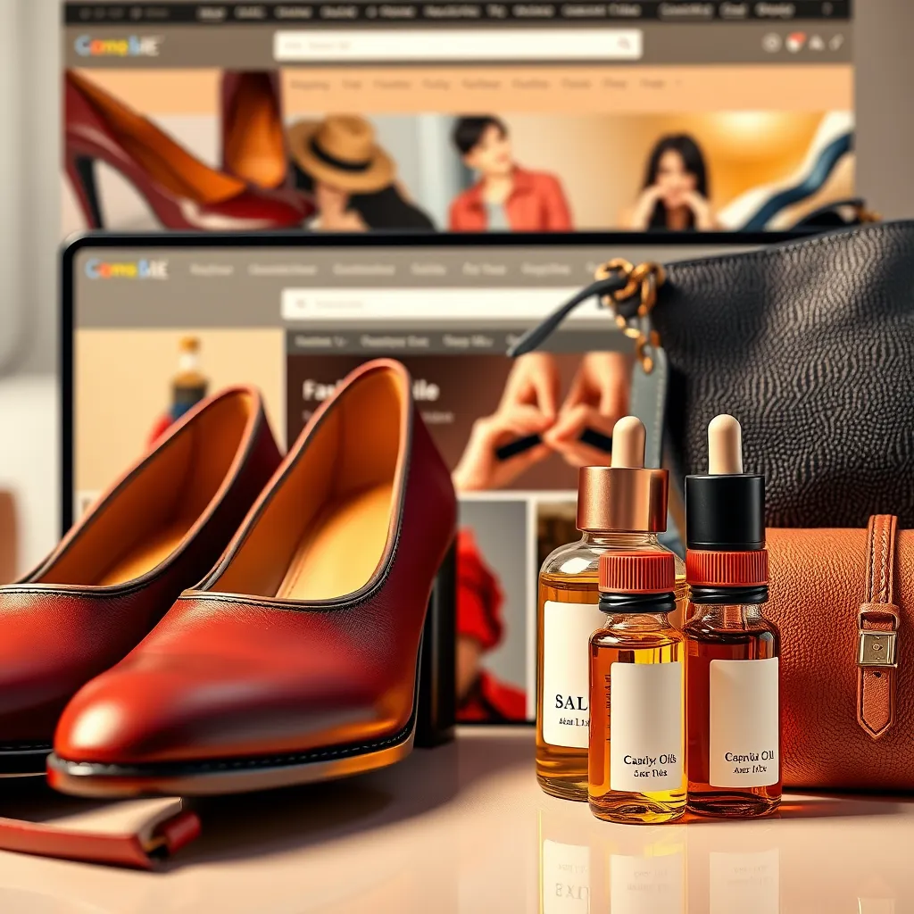 A vibrant collage showcasing a variety of products available on the site. Include close-ups of stylish shoes, elegant purses, and bottles of essential oils with a backdrop of a trendy online shop interface. Use a warm and inviting color palette and focus on the quality and visual appeal of the items.