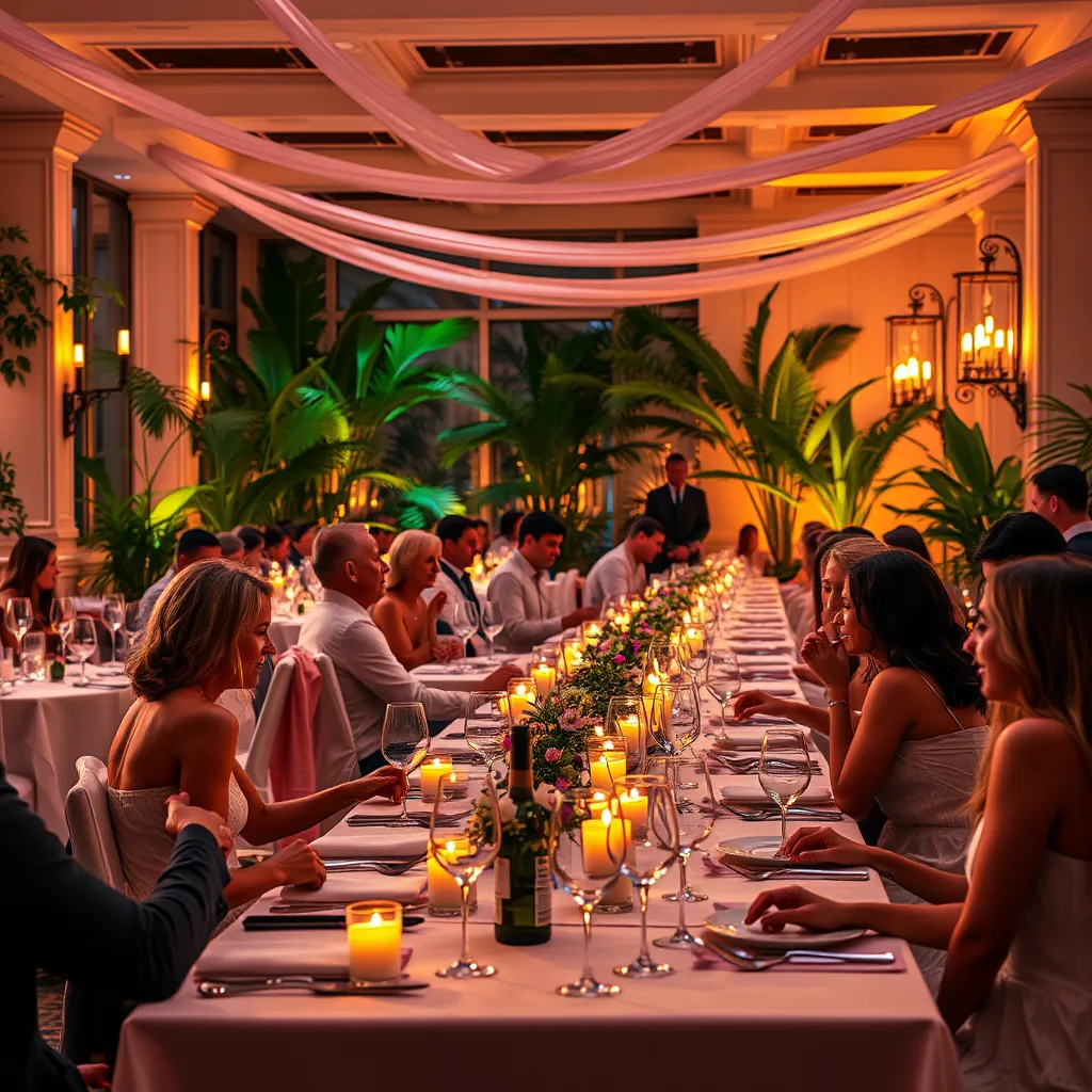 A vibrant image of a wine and dine event, showcasing a well-lit dining room with elegant tables adorned with white linens, fine china, and flickering candles. Guests are seated comfortably, enjoying conversation and wine glasses. The background features soft lighting, lush greenery, and warm, inviting colors.