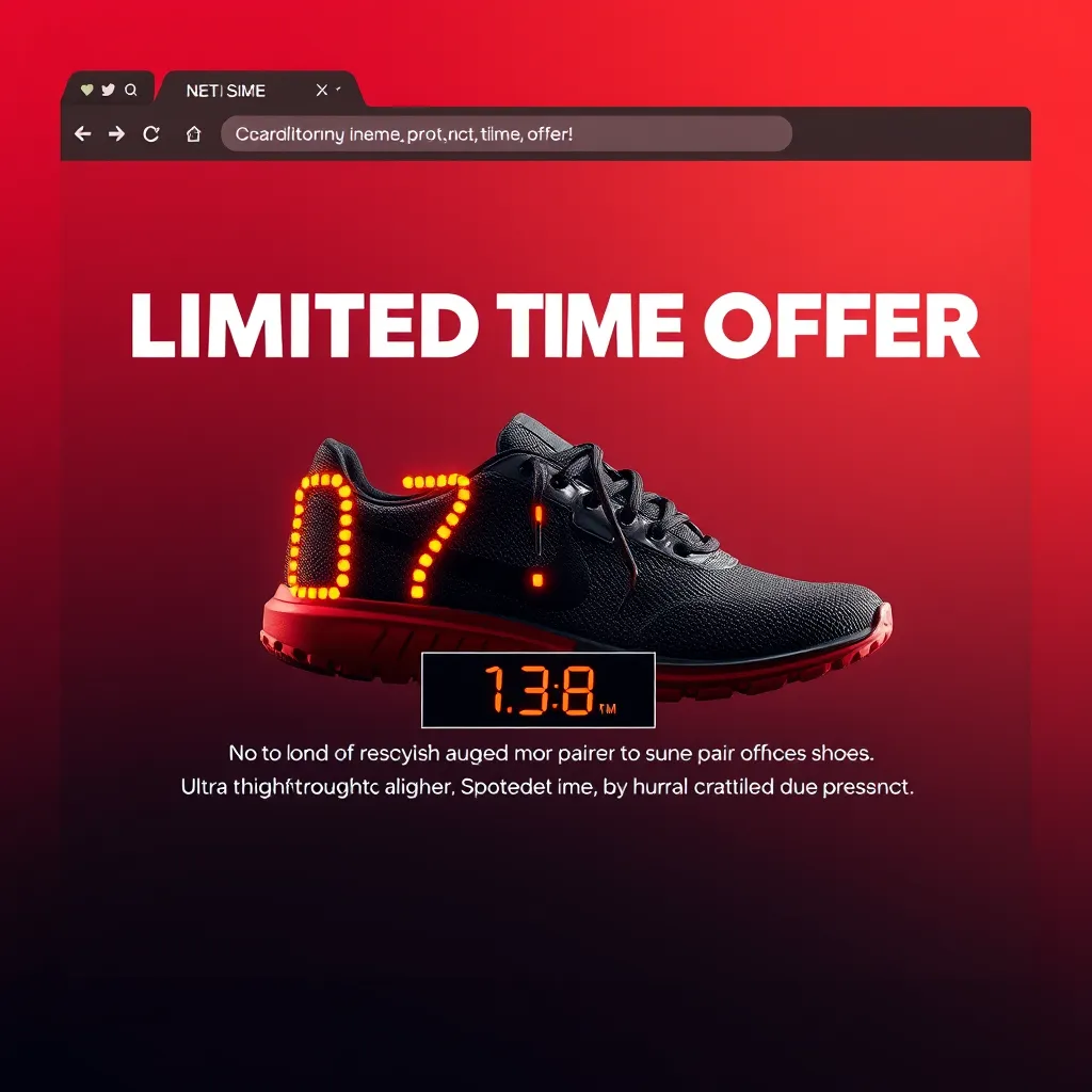 A visually appealing image of a website banner showcasing a limited-time offer on a pair of stylish shoes. The banner should include a countdown timer, highlighting the limited availability and urgency. Use bold colors and contrasting text to grab attention and create a sense of urgency.