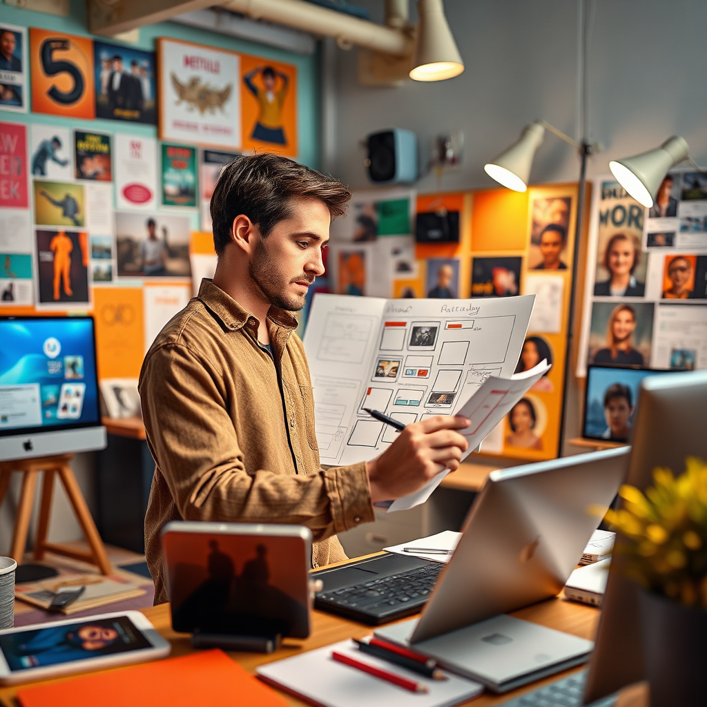 A visually stunning image of a designer sketching layout ideas for a new streaming channel, surrounded by mood boards and digital devices. The environment is vibrant and inspiring, filled with design resources. The lighting is bright and motivating, enhancing creativity. The color scheme consists of cheerful colors indicative of innovation, with textures that pop. The camera angle focuses on the designer, conveying their passion for crafting unique streaming experiences. Technical specs: high quality, photorealistic.