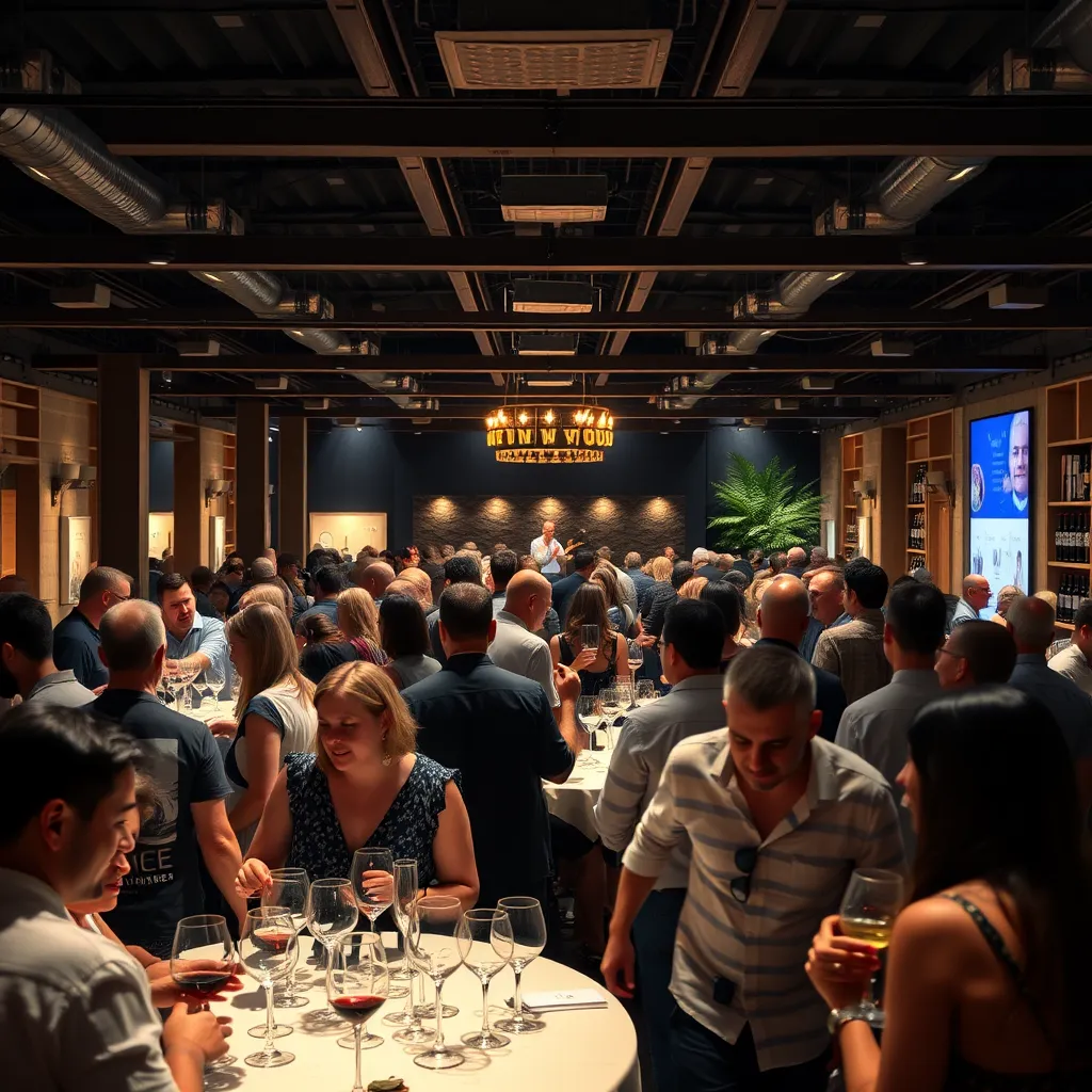 A wide shot of a bustling wine tasting event, with people mingling and enjoying conversations, soft lighting casting a warm glow, and live music playing in the background, showcasing a lively and engaging atmosphere.