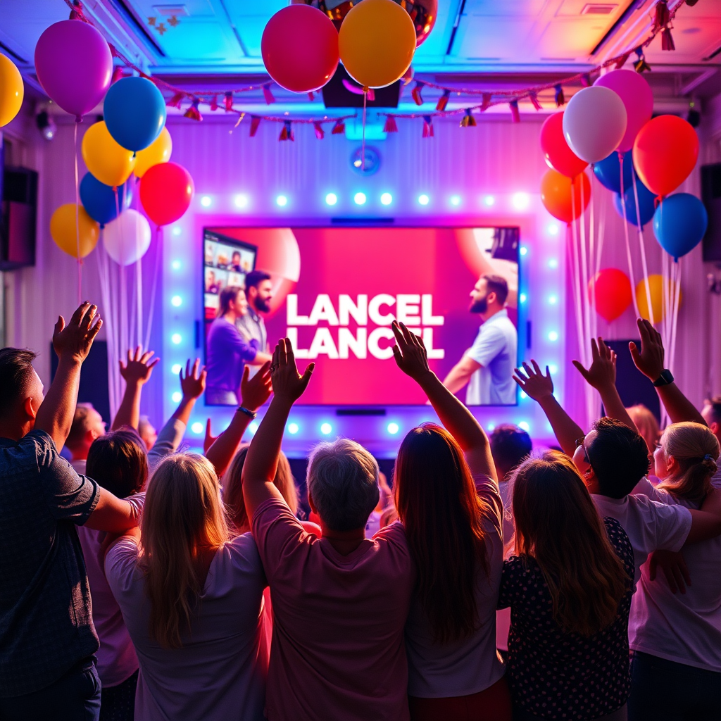 An image celebrating the successful launch of a streaming channel with a group of people rejoicing in front of a large screen showcasing the channel. The environment is festive, filled with balloons and decorations. Bright and colorful lighting enhances the celebratory mood. The color scheme is vibrant and joyful, representing success. The camera angle captures the joy and accomplishment in the scene. Technical specs: high quality, photorealistic.