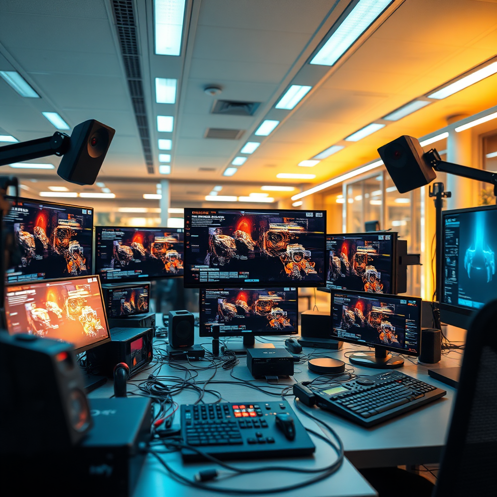 An image depicting a tech setup in a contemporary office where streaming devices are connected to various displays, symbolizing seamless integration. Bright, strategic lighting highlights the technology while giving a sense of innovation. The color palette is cool and digital, fitting the tech environment. The camera angle provides a comprehensive view of varied interfaces and devices collaborating together. Technical specs: high quality, photorealistic.