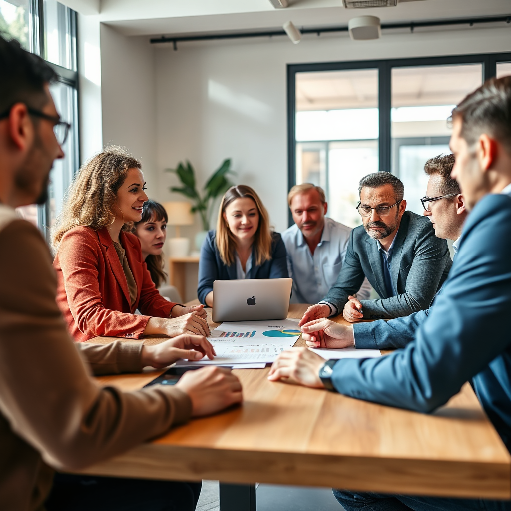 An image illustrating a team meeting where diverse experts discuss strategies for channel launch. They are engaged in conversation with laptops and charts in front of them. The setting is modern and inviting, with collaborative energy. The lighting is natural, providing warmth and visibility. The color palette is professional yet approachable, indicating teamwork and support. The camera angle captures both the engagement and the collaborative atmosphere. Technical specs: high quality, photorealistic.