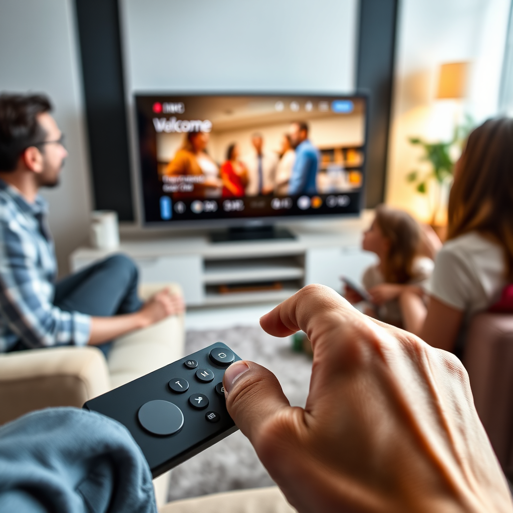 An image showcasing a close-up of a hand navigating a user-friendly remote control, with an interactive streaming interface displayed on the TV screen. The background consists of a modern living room where family members are interacting with the device. The lighting highlights both the remote and the screen, creating a welcoming focus. The color scheme is sleek and modern, appealing to a wide audience. The camera angle is focused, allowing viewers to feel the interaction. Technical specs: high quality, photorealistic.