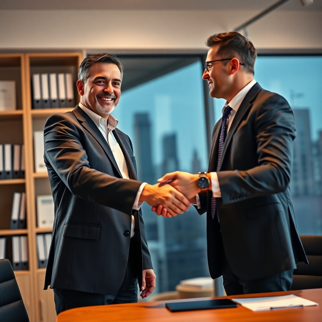 An ultra-detailed (8k resolution), hyperrealistic image of a small business owner shaking hands with a tax professional in a warmly lit, modern office. The lighting is natural and even, casting soft shadows.  The color palette consists of muted earth tones, accented with touches of deep blue. The focus is on the handshake, suggesting trust and partnership. The background subtly shows shelves with organized business documents and financial reports, conveying a sense of order and professionalism. A partially visible city skyline is seen through a nearby window. The image is taken from a slightly low angle, making both individuals appear taller and more powerful. The textures and materials are incredibly detailed, including the fine wrinkles in the business owner’s suit and the smooth texture of the tax professional’s desk.  The overall mood conveys confidence, partnership, and efficiency. Style reference: Steve McCurry. Render with an emphasis on depth of field and natural lighting.