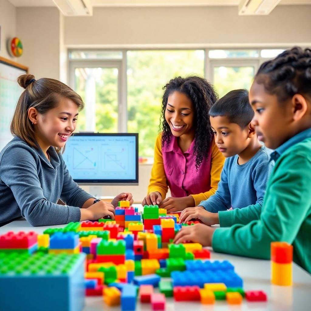 An ultra-high definition image, hyperrealistic in style, shows a bright, modern classroom bathed in soft, even lighting. Ms. Coon, dressed in smart casual attire, facilitates a small group of four highly engaged, diverse gifted children (ages 9-11) in a lively problem-solving session. They are surrounded by colorful building blocks, LEGOs, and interactive whiteboards displaying complex diagrams. The children are actively discussing solutions, their faces alight with enthusiasm and concentration. The color palette is vibrant and energetic, with pops of primary colors against a neutral background. The camera angle is slightly low, emphasizing the children's engagement.  The overall mood is one of collaboration, creativity, and intellectual curiosity. Textures include the smooth surfaces of the whiteboards, the rough texture of LEGOs, and the soft textures of clothing.  The image should emulate the style of Steve McCurry, emphasizing the human connection and the intellectual dynamism of the scene.  The background includes various learning aids and a large window overlooking a sunny, green landscape.