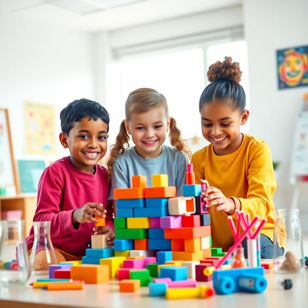 Create a photorealistic, ultra-high-definition (8K resolution) header image for a website promoting gifted program coaching.  The image should feature a diverse group of three children (ages 8-12, showing different ethnicities and genders) engaged in a collaborative project, possibly building a complex structure with colorful blocks or working on a science experiment.  They should appear happy, engaged, and creatively focused.  The lighting should be soft, natural light from a large window, casting gentle shadows and creating a warm, inviting atmosphere. The color palette should be bright and cheerful, emphasizing vibrant primary and secondary colors in the children's clothing and the project materials.  The mood should be one of playful intellectual stimulation and collaborative learning.  The camera angle should be a slightly elevated medium shot, capturing the children from a slightly above eye-level perspective.  Textures should be highly detailed and realistic – smooth surfaces of the blocks, the slightly rough texture of the children's clothes.  The background should include a modern, spacious, and brightly lit classroom setting with minimalist decor, featuring elements like colorful posters showcasing scientific concepts or artistic masterpieces.  Props include colorful blocks, science experiment materials (beakers, test tubes), art supplies, and perhaps a whiteboard with some intriguing equations or drawings.  The style should be inspired by contemporary educational photography, aiming for a clean, aspirational, and family-friendly feel, similar to the work of Annie Leibovitz but in a brighter, more playful style.  The image should evoke a feeling of intellectual curiosity, creativity, and academic excellence.  Post-processing should focus on achieving a hyperrealistic, almost ethereal quality to the image, enhancing detail and clarity without appearing overly saturated or artificial., ultra high resolution, photorealistic, 8K, hyperdetailed, cinematic lighting