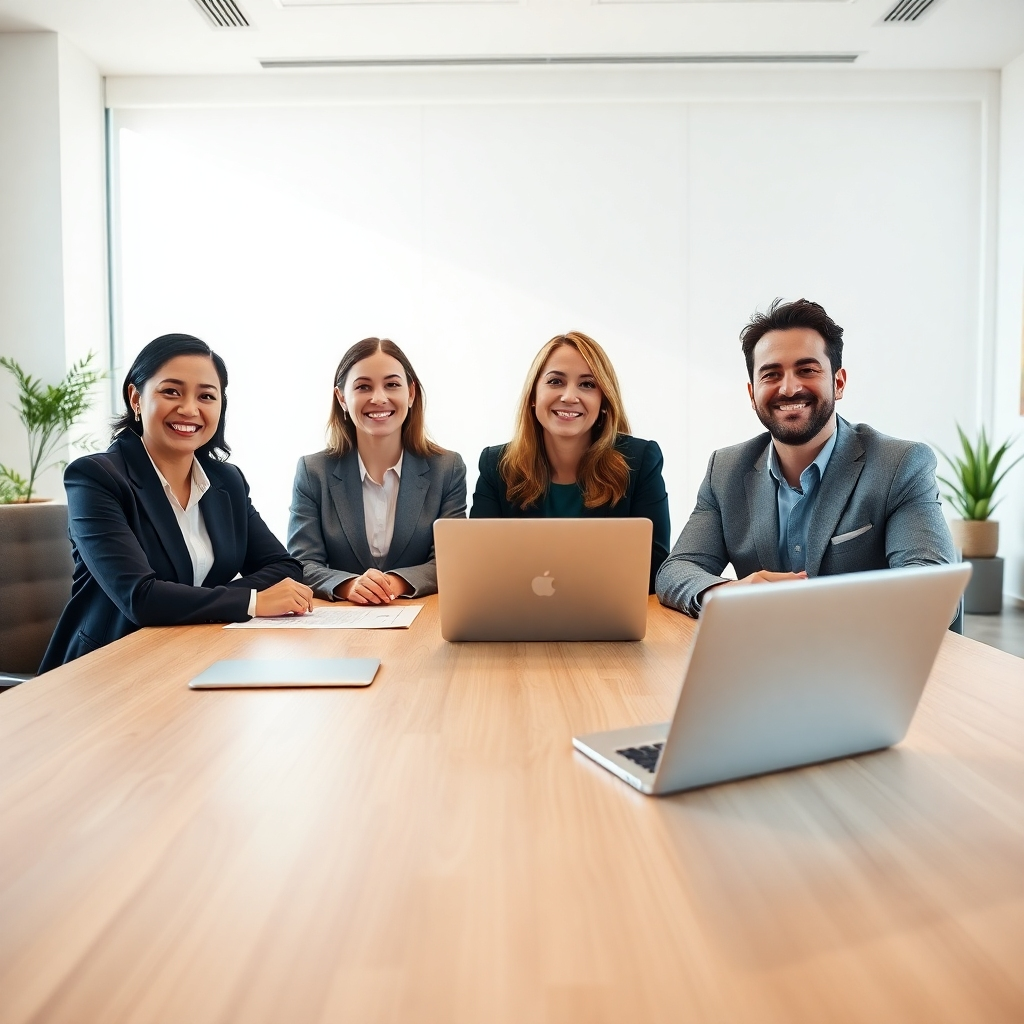 Generate a photorealistic, ultra-high-definition (8K resolution) header image for a tax preparation service business called "Tax Prep Biz." The image should feature a diverse group of three professionals (two women, one man, aged 30-45), dressed in business casual attire, smiling warmly and confidently. They are seated around a large, modern conference table in a brightly lit, minimalist office. Soft, natural light streams in from large windows to the left, casting a gentle glow on the scene. The overall color palette should be warm and inviting, with muted earth tones (beige, cream, light brown) and pops of teal or blue accents. The mood should be professional, yet approachable and reassuring. The camera angle should be slightly elevated, looking down at the group from a three-quarter perspective, creating a sense of depth and intimacy.  The table should have a clean, light wood texture, and the professionals' attire should have subtle texture details (e.g., fine weave of a blazer).  The background should include minimalist décor - perhaps a few stylish plants and modern artwork.  The scene should exude professionalism and trustworthiness.  Avoid overly staged poses or overly polished imagery. Aim for a genuine and approachable atmosphere.  Relevant props could include a laptop displaying a tax form, a neatly organized folder labeled "Tax Prep Biz", and a plant. Style references:  Photography styles of Annie Leibovitz and Peter Lindbergh for a touch of classic elegance combined with contemporary minimalism. The final image should have a hyperrealistic rendering style, with exceptional detail and clarity., ultra high resolution, photorealistic, 8K, hyperdetailed, cinematic lighting
