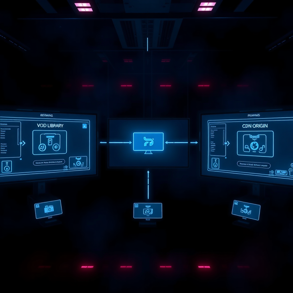 Dark-mode integration diagram showing Vimeo, HLS Live, and CDN feeding a builder pipeline, outputting to Apple TV, Roku, and Fire TV with glowing connector lines