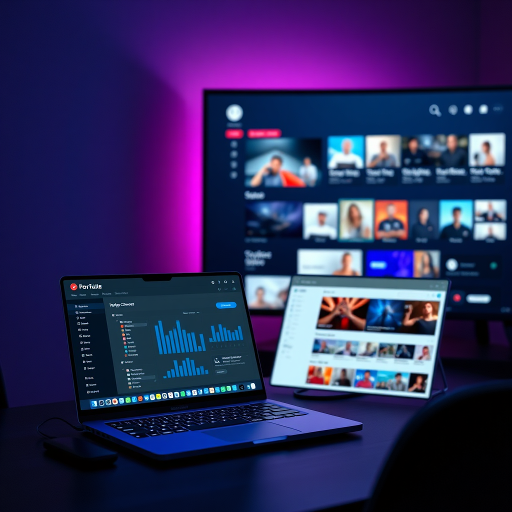 Product preview of a streaming channel builder dashboard transitioning into a TV interface preview with shelves, thumbnails, and device badges